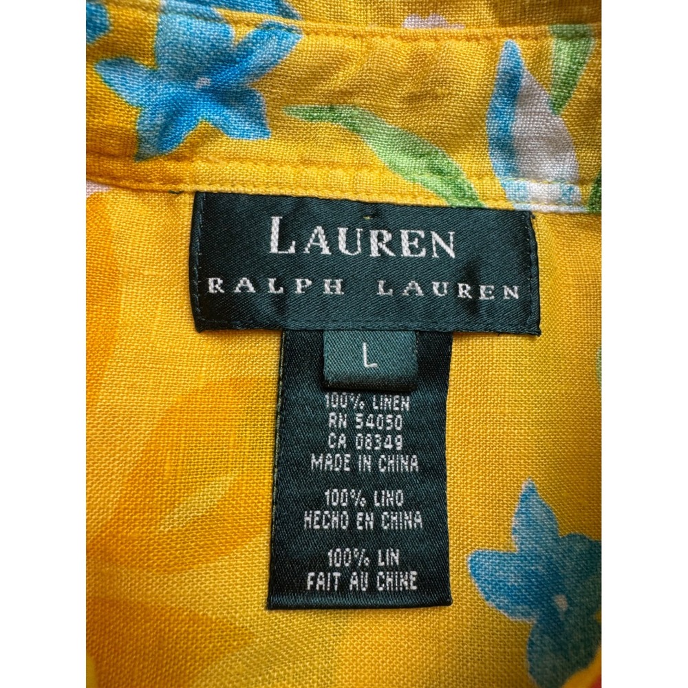 Lauren Ralph Lauren Yellow Linen Tropical Floral Tie Front Sleeveless Shirt L - Picture 2 of 11